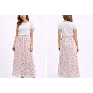 Floral Maxi Skirt Pink Rose Print Cotton Side Slit‎ Cottagecore Size S 5T02193